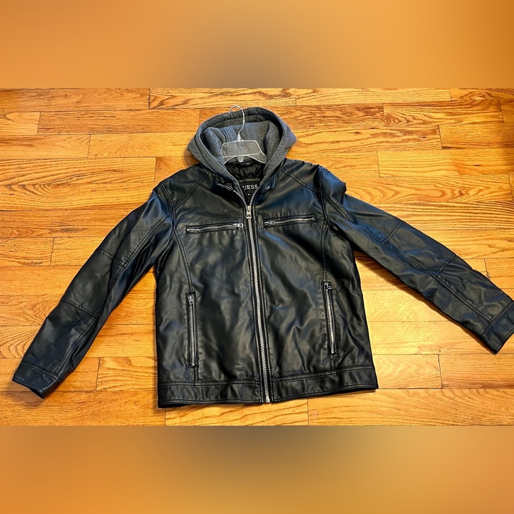 GUESS Mens Black Faux Leather Moto Jacket Detachable Hood Size Medium Biker Edgy - Picture 3 of 16